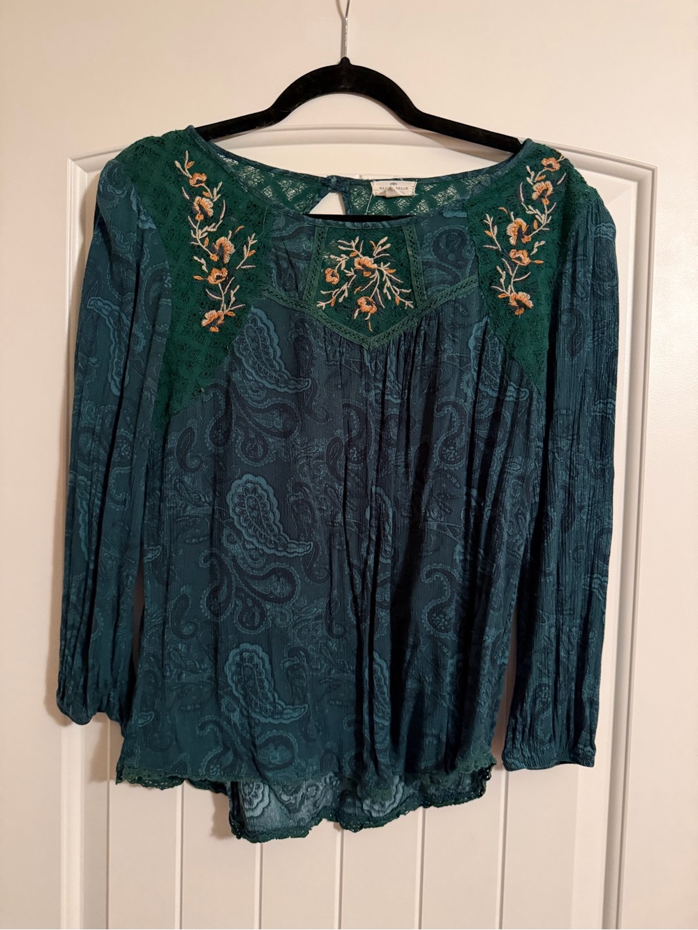 Mason & Belle Green Paisley Embroidered Lace Boho Blouse Size M